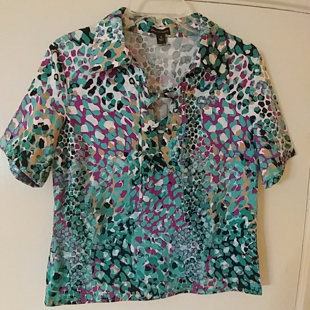 DANA BUCHMAN Teal & Purple V-Neck Lace-Up Top S Small
